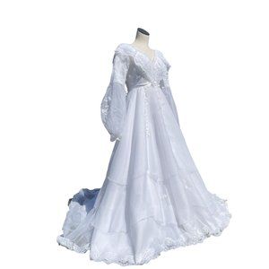 80s 70s Fairycore Wedding Gown & Veil Lace Bishop Sleeves A-Line Skirt